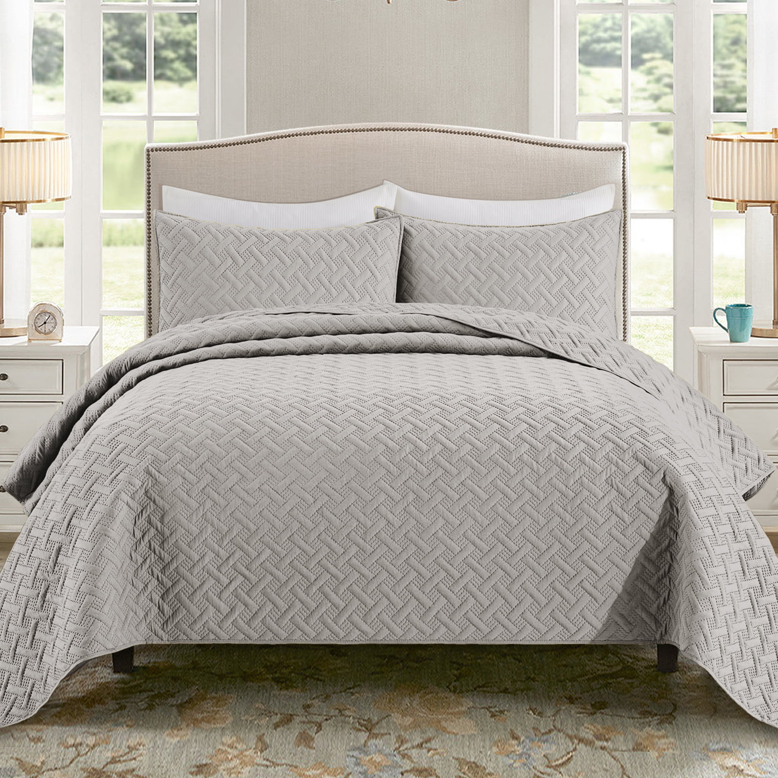 Exclusivo Mezcla 3Piece Light Gray Queen Size Quilt Set, Weave Pattern