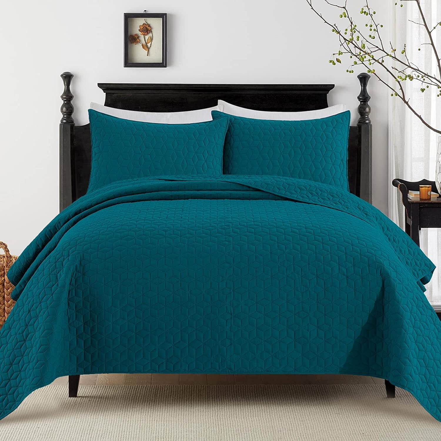 Exclusivo Mezcla 3Piece Navy blue King Size Quilt Set, Diamond Pattern