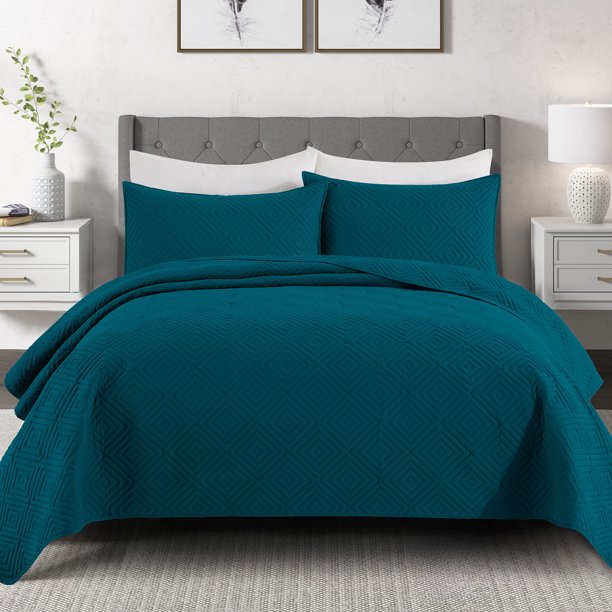 Exclusivo Mezcla 3Piece Navy blue Queen Size Quilt Set, Square Pattern