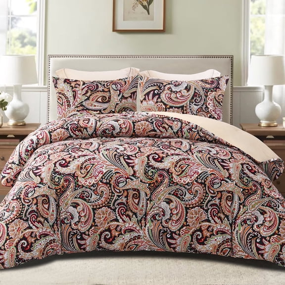 Exclusivo Mezcla 3-Piece Paisley King Size Comforter Set, Microfiber Bedding Down Alternative Comforter for All Seasons with 2 Pillow Shams, Black and Camel