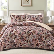 Exclusivo Mezcla 3-Piece Paisley Queen Comforter Set, Microfiber Bedding Down Alternative Comforter for All Seasons with 2 Pillow Shams, Black and Camel