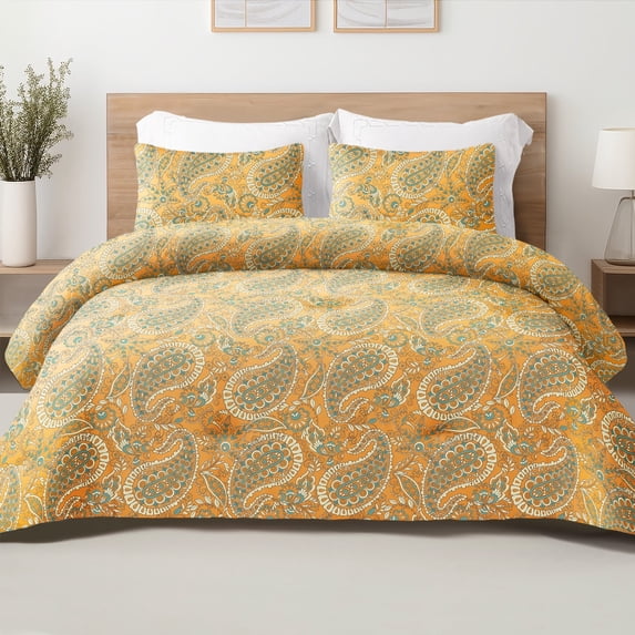 Exclusivo Mezcla 3-Piece Paisley Queen Comforter Set, Microfiber Bedding Down Alternative Comforter for All Seasons with 2 Pillow Shams, Orange and Yellow