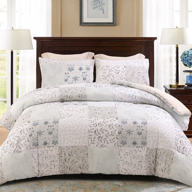 Exclusivo Mezcla 3-Piece Patchwork Queen Comforter Set, Microfiber Bedding Down Alternative Comforter for All Seasons with 2 Pillow Shams, Grey