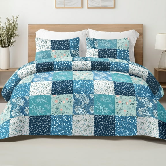 Exclusivo Mezcla 3-Piece Patchwork Queen Size Comforter Set, Microfiber Bedding Down Alternative Comforter for All Seasons with 2 Pillow Shams, Navy Blue