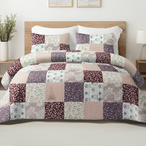 Exclusivo Mezcla 3-Piece Patchwork Queen Size Comforter Set, Microfiber Bedding Down Alternative Comforter for All Seasons with 2 Pillow Shams, Brown