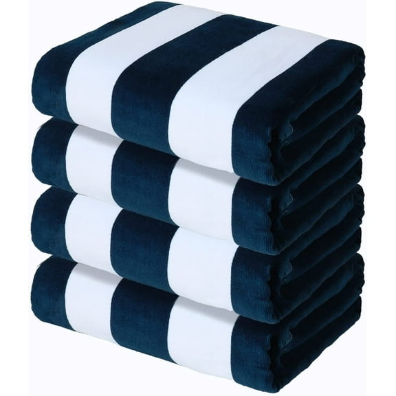 Exclusivo Mezcla 4-Pack Cotton Oversized 35"x70" Cabana Stripe Beach Towels, Super Absorbent Soft Plush Pool Towel, Bath Towel (Dark Navy)