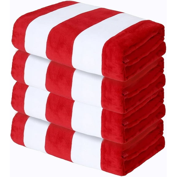 Exclusivo Mezcla 4-Pack Cotton Oversized 35"x70" Cabana Stripe Beach Towels, Super Absorbent Soft Plush Pool Towel, Bath Towel (Red)