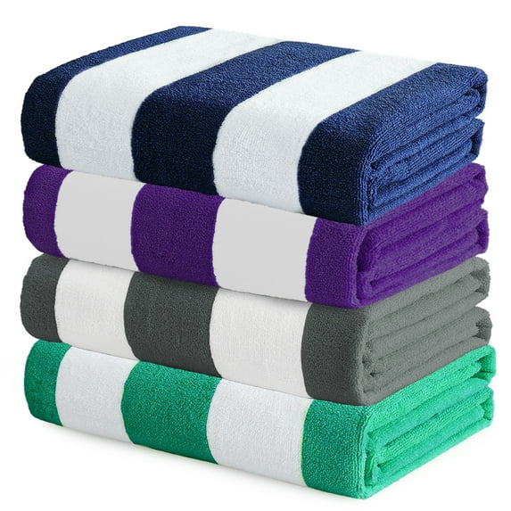 Exclusivo Mezcla 4-Pack Large Cabana Stripe Lightweight Soft Microfiber Beach Towels, Highly Absorbent Travel Pool Towel(Purple/Navy/Gray/Caribbean Green,30"x60")