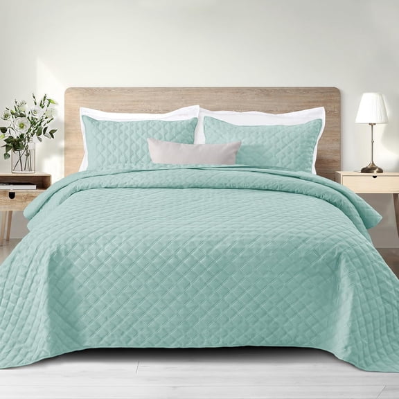 Exclusivo Mezcla Aqua Queen Quilt Set, Box Pattern Ultrasonic Lightweight Bedspreads, Soft Coverlets Bedding Set with Pillow Shams