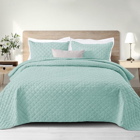 Exclusivo Mezcla Aqua Twin Quilt Set, Box Pattern Ultrasonic Lightweight Bedspreads, Soft Coverlets Bedding Set with Pillow Sham