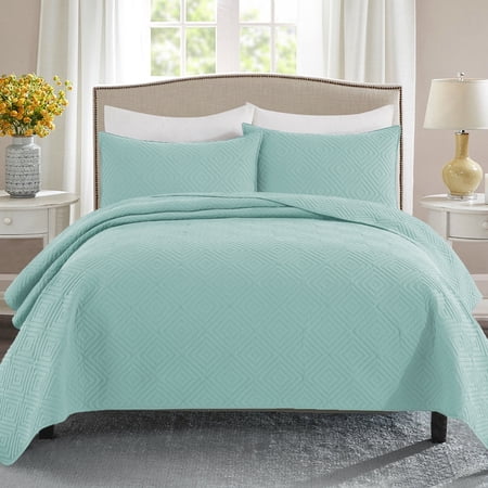 Exclusivo Mezcla Aqua Twin Quilt Set, Square Pattern Ultrasonic Lightweight Bedspreads, Soft Coverlets Bedding Set with Pillow Sham