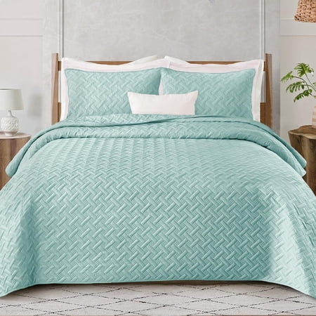 Exclusivo Mezcla Aqua Twin Quilt Set, Weave Pattern Ultrasonic Lightweight Bedspreads, Soft Coverlets Bedding Set with Pillow Sham