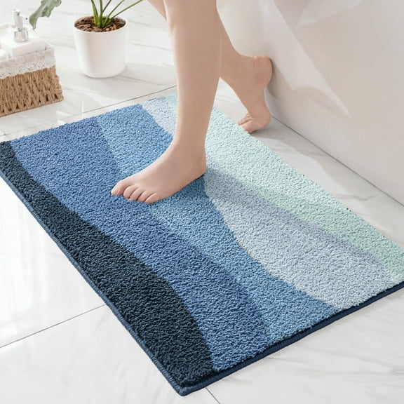 Exclusivo Mezcla Bathroom Rugs Mat 17x24, Extra Soft Non Slip Absorbent Water Microfiber Bath Rugs, Machine Washable Quick Dry Bath Mats for Bathroom Floor, Shower, Home Decor, Waved Blue