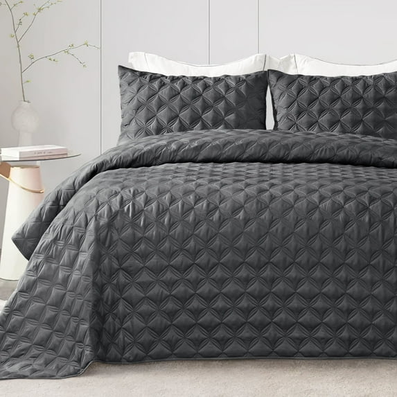 Exclusivo Mezcla Bed Quilt Set King Size for All Seasons, Stitched Pattern Quilted Bedspread/ Bedding Set/ Coverlet with 2 Pillow shams, Lightweight and Soft, Grey
