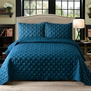 Exclusivo Mezcla Bed Quilt Set Queen Size for All Seasons, Stitched Pattern Quilted Bedspread/ Bedding Set/ Coverlet with 2 Pillow shams, Lightweight and Soft, Dark Blue