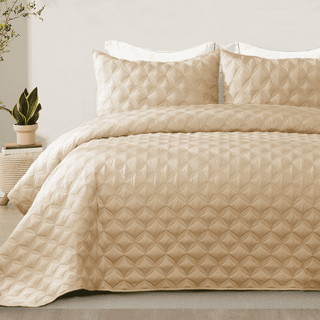 Exclusivo Mezcla Bed Quilt Set Twin Size for All Seasons, Stitched Pattern Quilted Bedspread/ Bedding Set/ Coverlet with 1 Pillow sham, Lightweight and Soft, Camel