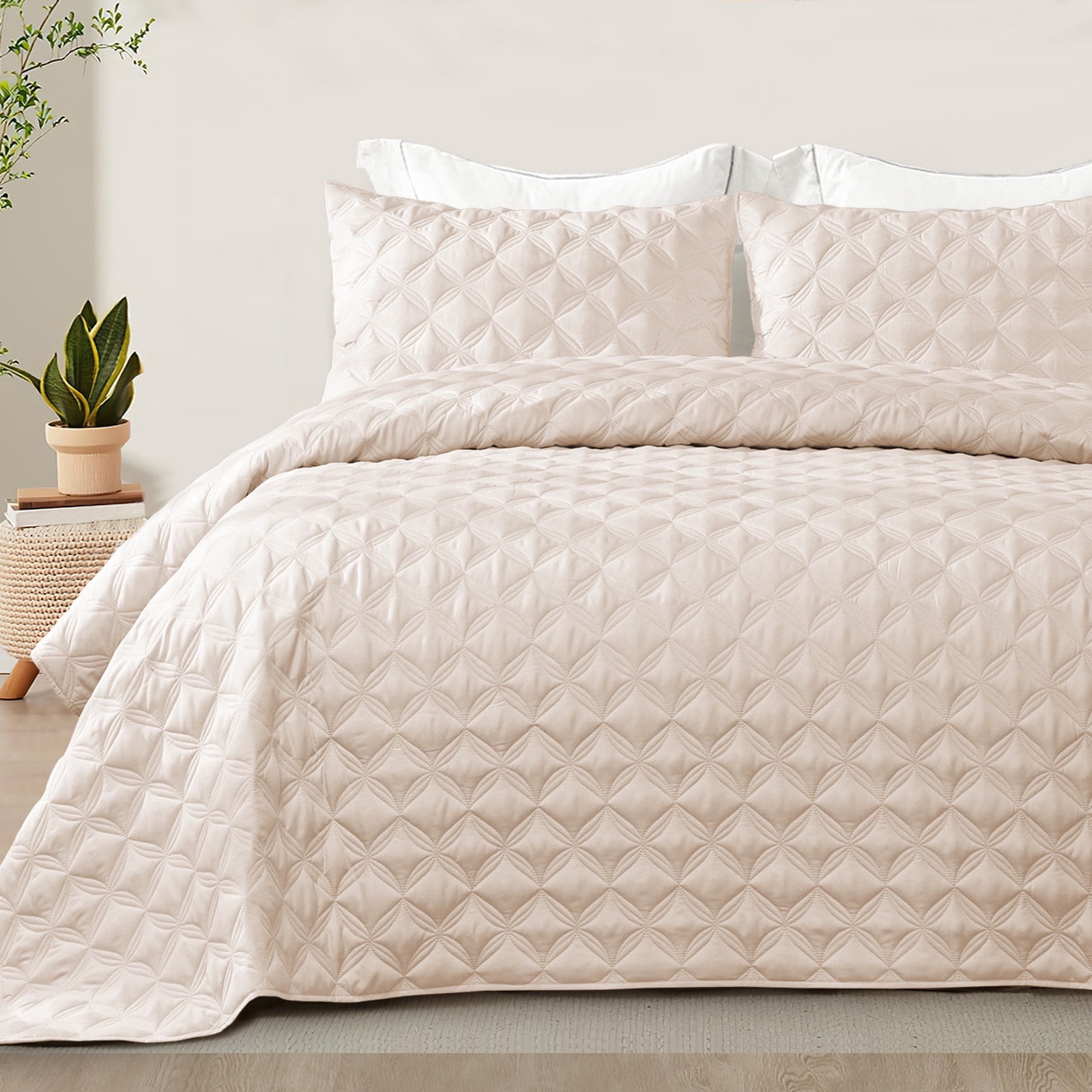 Exclusivo Mezcla Bed Quilt Set Twin Size for All Seasons, Stitched Pattern Quilted Bedspread/ Bedding Set/ Coverlet with 1 Pillow sham, Lightweight and Soft, Brich Beige