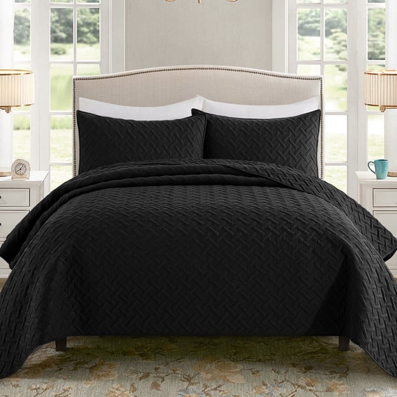 Exclusivo Mezcla Black King Quilt Set, Weave Pattern Ultrasonic Lightweight Bedspreads, Soft Coverlets Bedding Set with Pillow Shams