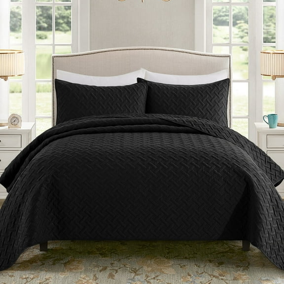 Exclusivo Mezcla Black Queen Quilt Set, Weave Pattern Ultrasonic Lightweight Bedspreads, Soft Coverlets Bedding Set with Pillow Shams