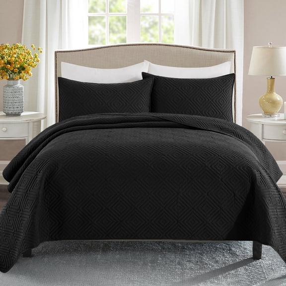 Exclusivo Mezcla Black Twin Quilt Set, Square Pattern Ultrasonic Lightweight Bedspreads, Soft Coverlets Bedding Set with Pillow Sham