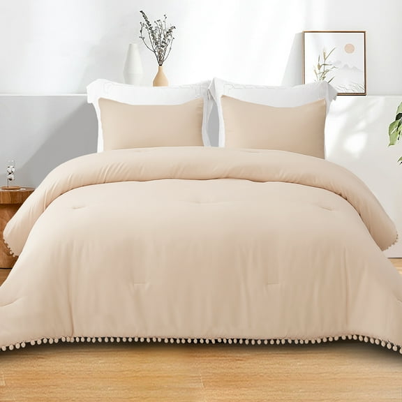 Exclusivo Mezcla Boho Pom Pom Ball Fringe King Size Comforter Set, 3 Pieces Beige Lightweight Down Alternative Bedding Comforter Sets for All Seasons (1 Comforter and 2 Pillowcases)