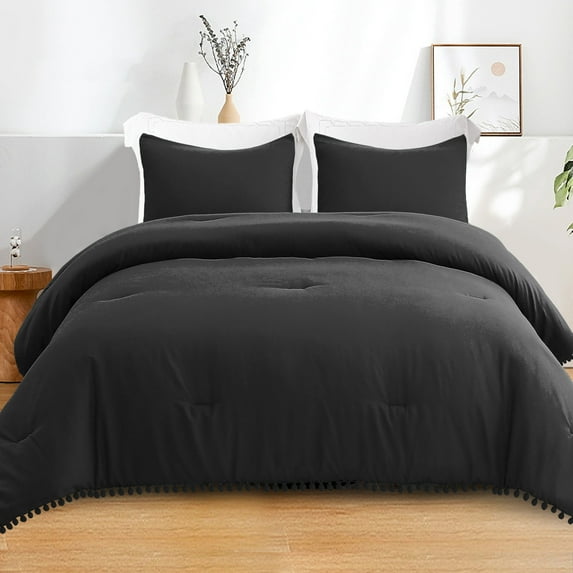 Exclusivo Mezcla Boho Pom Pom Ball Fringe King Size Comforter Set, 3 Pieces Black Lightweight Down Alternative Bedding Comforter Sets for All Seasons (1 Comforter and 2 Pillowcases)