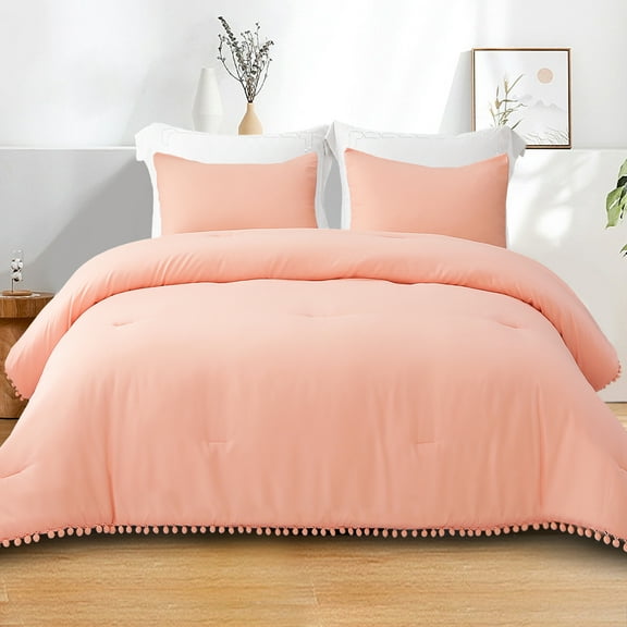 Exclusivo Mezcla Boho Pom Pom Ball Fringe King Size Comforter Set, 3 Pieces Bright Pink Lightweight Down Alternative Bedding Comforter Sets for All Seasons (1 Comforter and 2 Pillowcases)