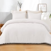 Exclusivo Mezcla Boho Pom Pom Ball Fringe King Size Comforter Set, 3 Pieces White Lightweight Down Alternative Bedding Comforter Sets for All Seasons 1 Comforter and 2 Pillowcases