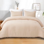 Exclusivo Mezcla Boho Pom Pom Ball Fringe Queen Comforter Set, 3 Pieces Beige Lightweight Down Alternative Bedding Comfo