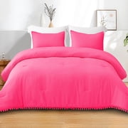 Exclusivo Mezcla Boho Pom Pom Ball Fringe Queen Comforter Set, 3 Pieces Hot Pink Lightweight Down Alternative Bedding Comforter Sets for All Seasons (1 Comforte