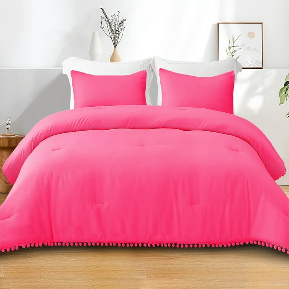 Exclusivo Mezcla Boho Pom Pom Ball Fringe Queen Comforter Set, 3 Pieces Hot Pink Lightweight Down Alternative Bedding Comforter Sets for All Seasons (1 Comforter and 2 Pillowcases)