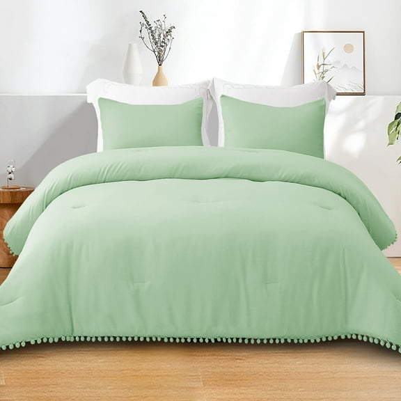 Exclusivo Mezcla Boho Pom Pom Ball Fringe Queen Comforter Set, 3 Pieces Sage Green Lightweight Down Alternative Bedding Comforter Sets for All Seasons (1 Comforter and 2 Pillowcases)