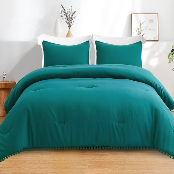 Exclusivo Mezcla Boho Pom Pom Ball Fringe Twin Comforter Set, 2 Pieces Dusty Teal Lightweight Down Alternative Bedding Comforter Sets for All Seasons (1 Comforter and 1 Pillowcase)