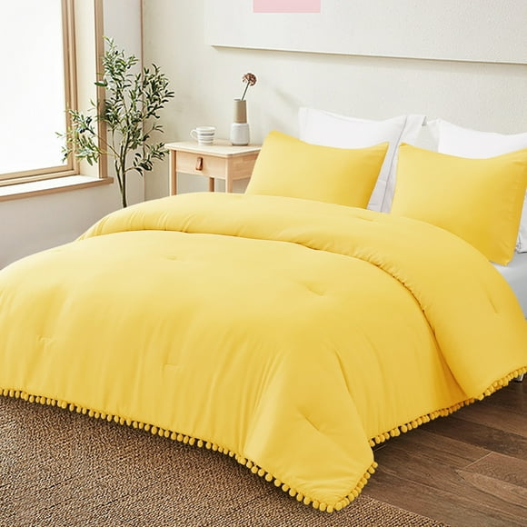 Exclusivo Mezcla Boho Pom Pom Ball Fringe Twin Comforter Set, 2 Pieces Vibrant Yellow Lightweight Down Alternative Bedding Comforter Sets for All Seasons (1 Comforter and 1 Pillowcase)