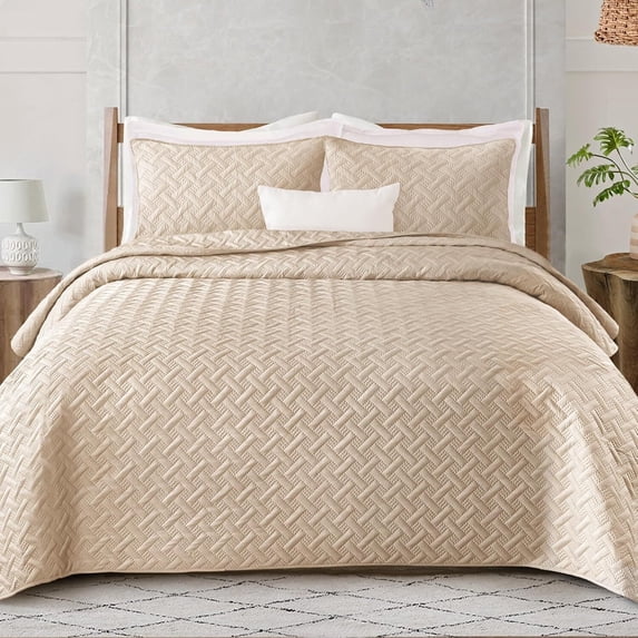 Exclusivo Mezcla Brich Beige King Quilt Set, Weave Pattern Ultrasonic Lightweight Bedspreads, Soft Coverlets Bedding Set with Pillow Shams