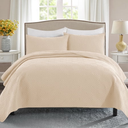 Exclusivo Mezcla Brich Beige Twin Quilt Set, Square Pattern Ultrasonic Lightweight Bedspreads, Soft Coverlets Bedding Set with Pillow Sham