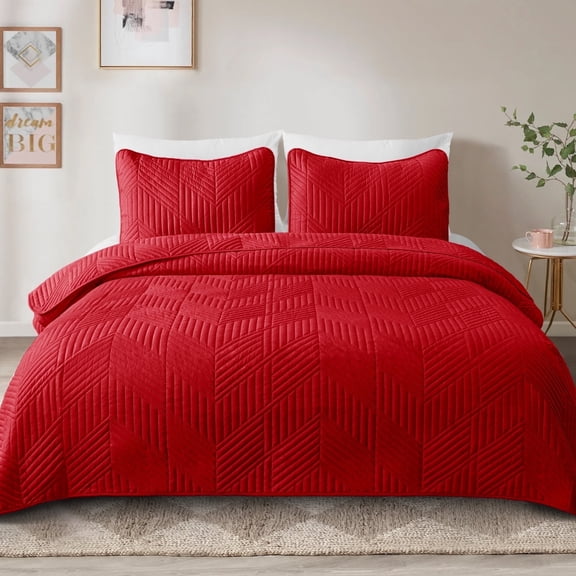 Exclusivo Mezcla California King Quilt Bedding Set, Lightweight Red Oversized King Bedspreads Soft Modern Geometric Coverlet Set