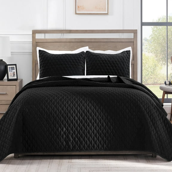 Exclusivo Mezcla California King Quilt Set, 3-Piece Lightweight Oversized King Quilts Soft Bedspreads Bed Coverlets, Black, 112"x104"