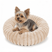 Exclusivo Mezcla Calming Donut Dog Bed with Non-Slip Bottom, 20 inches Cozy Fluffy Faux Rabbit Fur Round Pet Bed for Small Dogs, Apricot