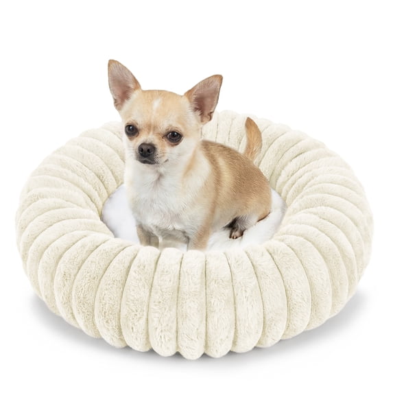 Exclusivo Mezcla Calming Donut Dog Bed, 20 inches Cozy Fluffy Faux Rabbit Fur Round Pet Bed, Machine Washable, Ivory