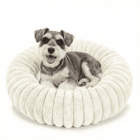 Exclusivo Mezcla Calming Donut Dog Bed with Non-Slip Bottom, 20 inches Cozy Fluffy Faux Rabbit Fur Round Pet Bed for Small Dogs, Ivory