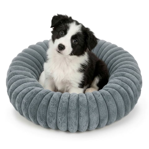 Exclusivo Mezcla Calming Donut Dog Bed with Non-Slip Bottom, 20 inches Cozy Fluffy Faux Rabbit Fur Round Pet Bed for Small Dogs, Dark Grey