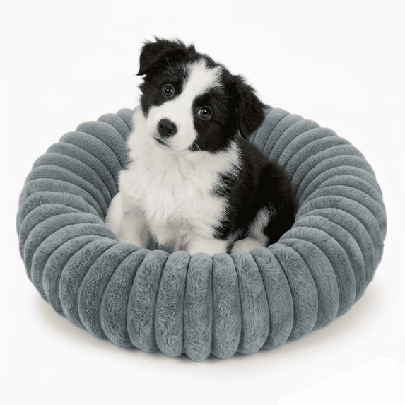 Exclusivo Mezcla Calming Donut Dog Bed with Non-Slip Bottom, 20 inches Cozy Fluffy Faux Rabbit Fur Round Pet Bed for Small Dogs, Dark Grey