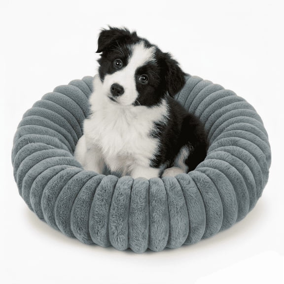 Exclusivo Mezcla Calming Donut Dog Bed with Non-Slip Bottom, 20 inches Cozy Fluffy Faux Rabbit Fur Round Pet Bed for Small Dogs, Dark Grey