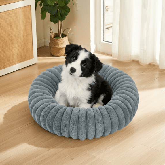 Exclusivo Mezcla Calming Donut Dog Bed with Non-Slip Bottom, 20 inches Cozy Fluffy Faux Rabbit Fur Round Pet Bed for Small Dogs, Dark Grey