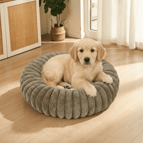 Exclusivo Mezcla Calming Donut Dog Bed with Non-Slip Bottom, 20 inches Cozy Fluffy Faux Rabbit Fur Round Pet Bed for Small Dogs, Khaki
