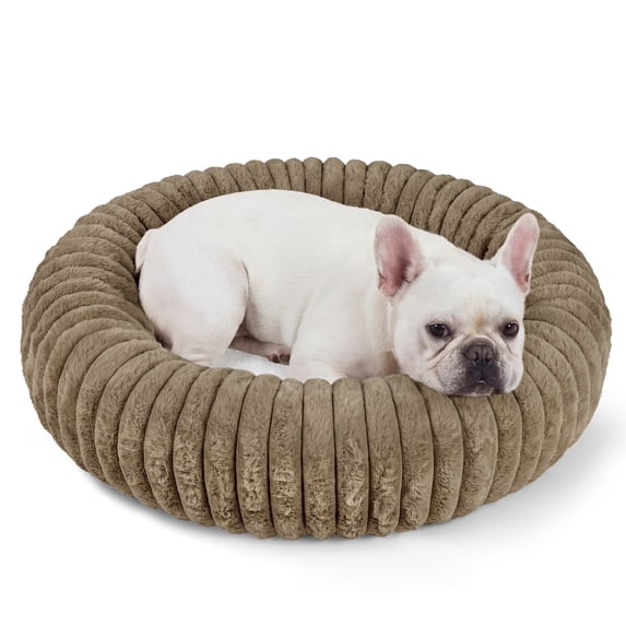 Exclusivo Mezcla Calming Donut Dog Bed with Non-Slip Bottom, 28 inches Cozy Fluffy Faux Rabbit Fur Round Pet Bed for Medium Dogs, Khaki