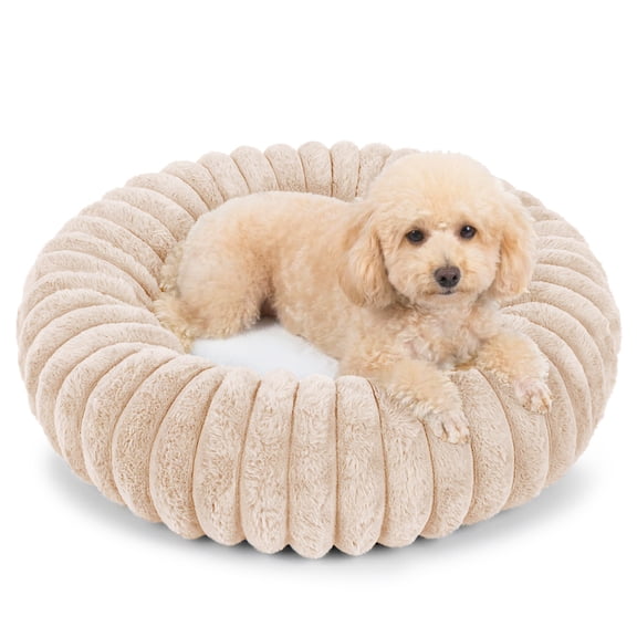Exclusivo Mezcla Calming Donut Dog Bed with Non-Slip Bottom, 24 inches Cozy Fluffy Faux Rabbit Fur Round Pet Bed for Small Dogs, Apricot