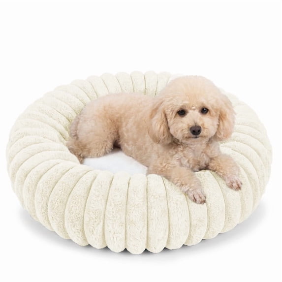 Exclusivo Mezcla Calming Donut Dog Bed with Non-Slip Bottom, 24 inches Cozy Fluffy Faux Rabbit Fur Round Pet Bed for Medium Dogs, Ivory