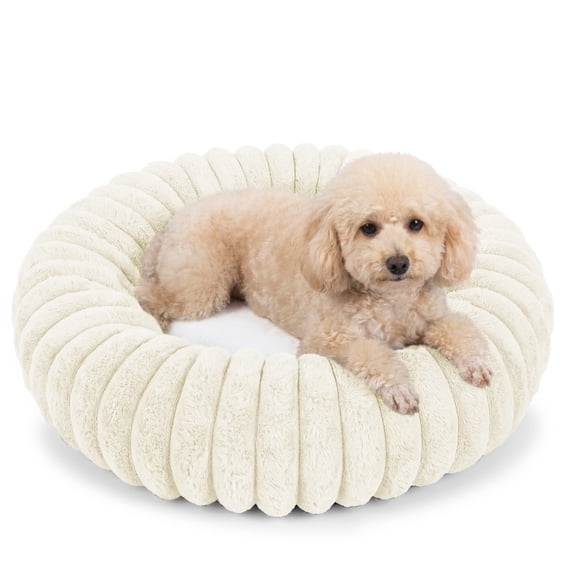Exclusivo Mezcla Calming Donut Dog Bed, 24 inches Cozy Fluffy Faux Rabbit Fur Round Pet Bed, Machine Washable, Ivory